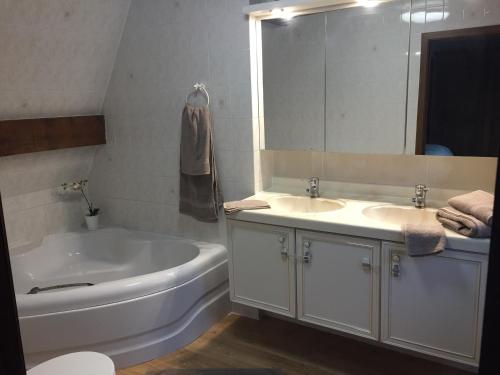 a bathroom with a tub and a sink and a mirror at La maison des Grands Vents in Ychippe
