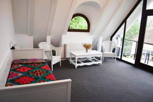 a bedroom with a bed and a table and chairs at Casa Thea Cheile Nerei in Socolari