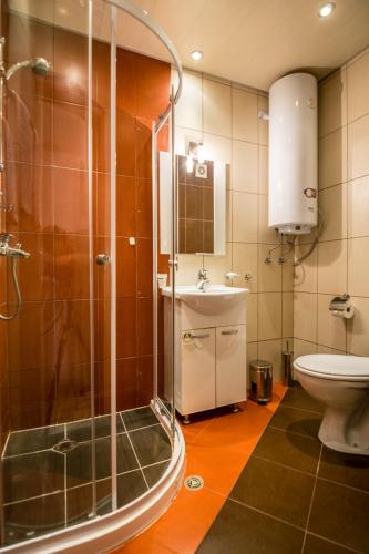 a bathroom with a shower and a toilet at Cozy One-bedroom Apartment in Night Breeze in Burgas