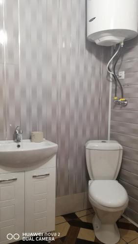 a bathroom with a white toilet and a sink at Nora's guesthouse in Zhabeshi