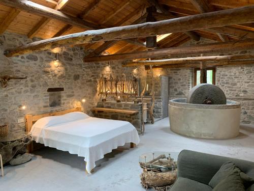 um quarto com uma cama e uma banheira num quarto em Magic Mill Castagnetoli em Mulazzo