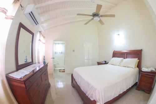 um quarto com uma cama e uma ventoinha de tecto em Hibiscus Villa @ DraxHall em Mammee Bay