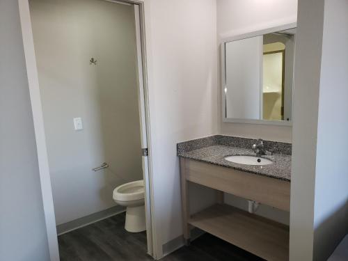 a bathroom with a sink and a toilet and a mirror at Hathaway Inn in Panama City