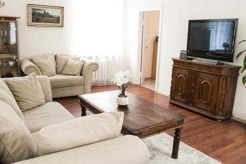 ein Wohnzimmer mit einem TV und einem Couchtisch in der Unterkunft Vintage Style spacious apartment in Klaipėda