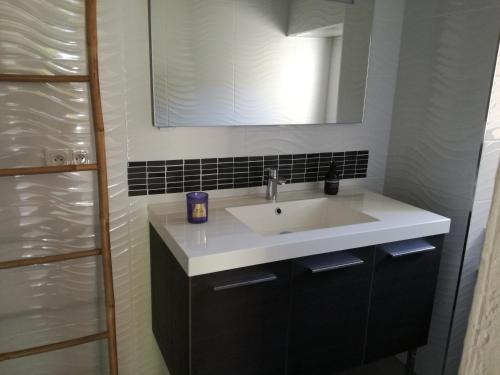 a bathroom with a sink and a mirror at Le mazet en été - studio en garrigue nimoise in Nîmes
