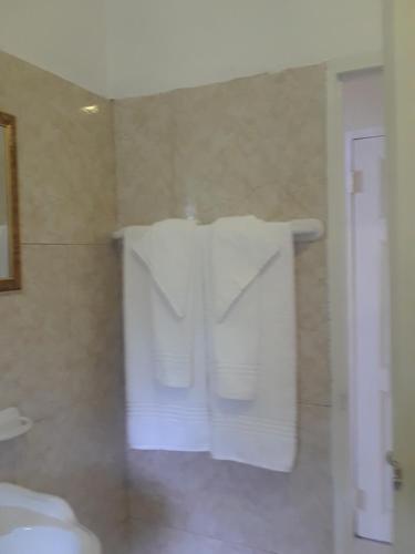 a bathroom with white towels hanging on a wall at Barrianna Villa in Montego Bay