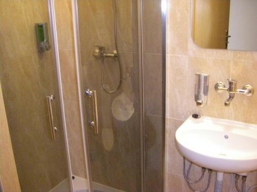 una ducha con una puerta de cristal junto a un lavabo en Pokoje Gościnne Saritas en Katowice