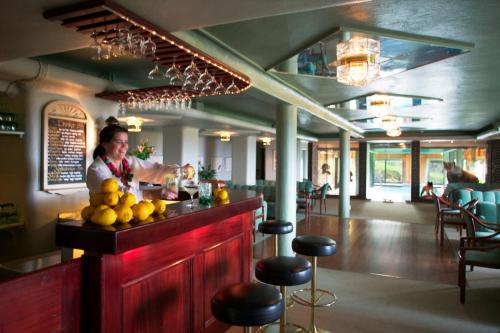 a woman standing at a bar in a restaurant at Green Hotel in Tällberg