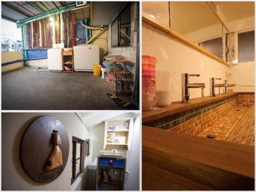 three different pictures of a room with a guitar in it at May Rooms Taipei Nangang Station in Taipei