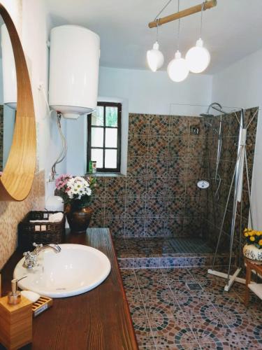 a bathroom with a sink and a shower at Casa Memoriala George Stephanescu in Căpăţîneni-Ungureni