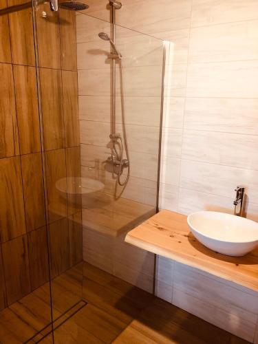 a bathroom with a shower and a sink at Domki Eden Kaszuby balia sauna alpaki mini zoo in Gołubie