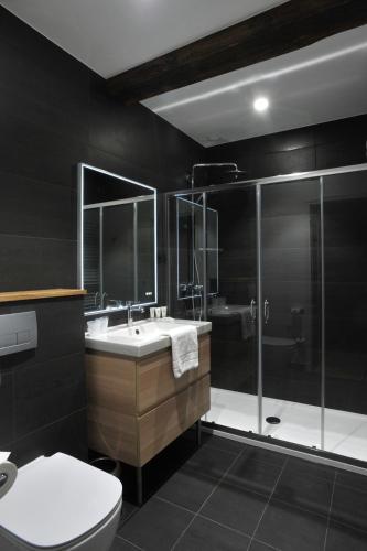 a bathroom with a toilet and a sink and a shower at Les Sarments, Gîte d'exception in Santenay