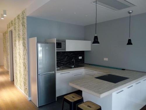 a kitchen with a stainless steel refrigerator and a counter at Apartamento Donostia Chic in San Sebastián