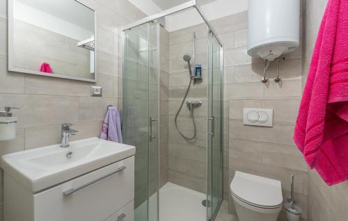 a bathroom with a shower and a sink and a toilet at Studio D in Poreč