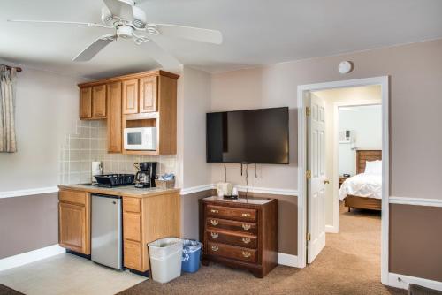 a kitchen with a sink and a tv on the wall at Boxwood Lodge Blowing Rock near Boone-University in Blowing Rock