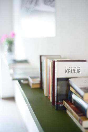 a row of books sitting on a shelf at Draugų namai in Druskininkai