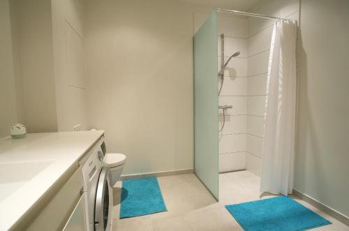 a bathroom with a shower and a toilet with blue rugs at The best of Copenhagen right at your doorstep no 1 in Copenhagen