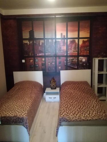 a bedroom with two beds and a window at happy pandasN12 in Borjomi