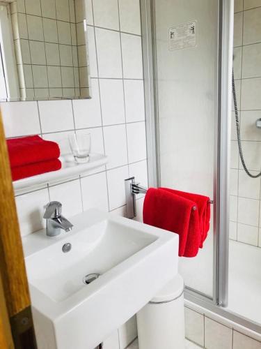 GrossbreitenbachにあるGästehaus hohetanne1のバスルーム(白いシンク、赤いタオル付)