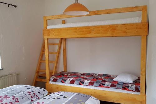 a bedroom with two bunk beds with a ladder at Waldhufenidyll Königswalde im Erzgebirge in Königswalde