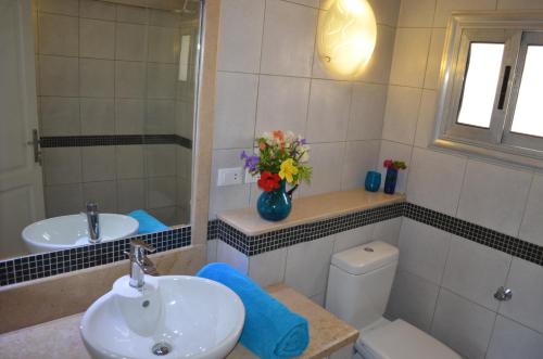 a bathroom with a sink and a toilet and a mirror at Red C Villas in Dahab
