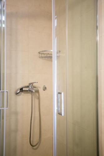 a shower with a shower head and a glass door at Fotini's House in Ýpsos