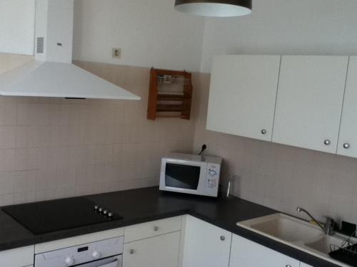 eine Küche mit Mikrowelle und Spüle in der Unterkunft villa rue gainekoa 1er étage in Cambo-les-Bains