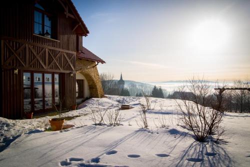 a house in the snow with footprints in the snow at Apartamenty Romanowka in Raszów