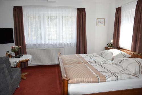 1 dormitorio con 1 cama, TV y ventana en Feriendomizil Frey, en Sitzendorf