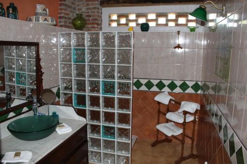 a bathroom with a sink and a shower with glass block walls at Domaine de la Bellière in Villars-les-Dombes