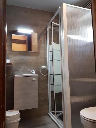 a bathroom with a toilet and a glass shower at Alberg Les Daines in Espot