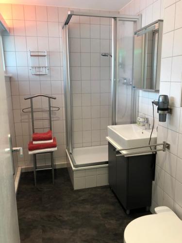 a bathroom with a shower and a red towel on a chair at Ferienanlage Vorauf - be lucky in Siegsdorf