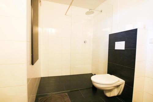 a small bathroom with a toilet and a shower at Landpension Bocka in Bocka