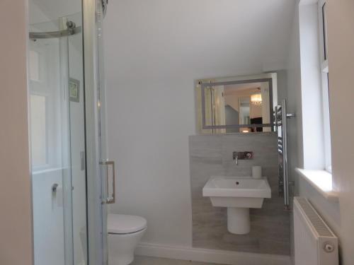 a bathroom with a sink and a toilet and a mirror at Esk Cottage - Cyanacottages in Whitby