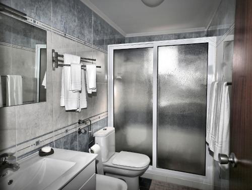 a bathroom with a shower and a toilet and a sink at Canto da Maia Apartment in Ponta Delgada