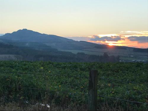 a fence in a field with a sunset in the background at Billerwell B&B in Hawick