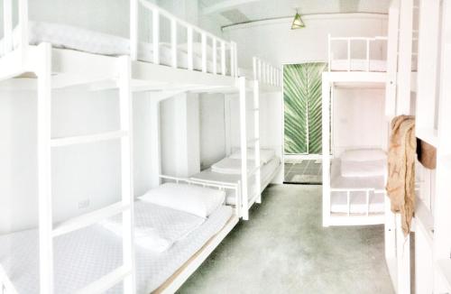 um quarto branco com beliches brancos em Cong Sen Backpackers Hostel em Taitung City