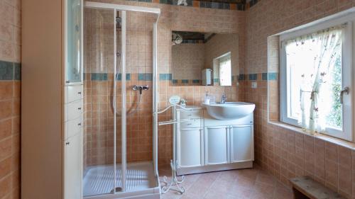 een badkamer met een douche en een wastafel bij La casa della Cindy in Dervio