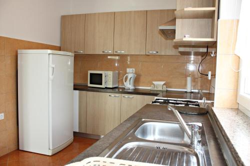 una pequeña cocina con fregadero y nevera. en Apartmani Marina & Ana, en Poreč