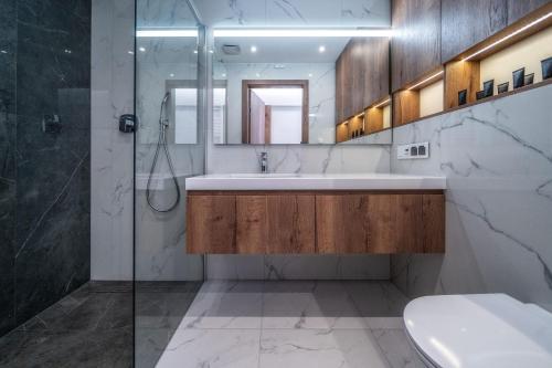 a bathroom with a sink and a shower and a mirror at Meta Apartments in Szczyrk