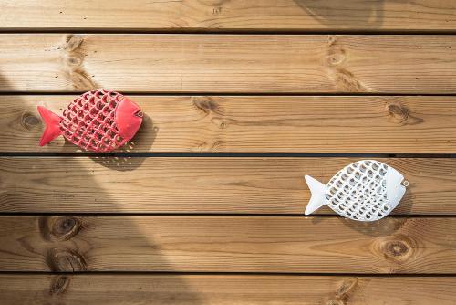 three paper fish hanging on a wooden wall at Hotel Els Pins in Platja  d'Aro