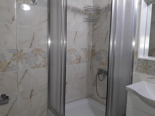 uma casa de banho com um chuveiro e uma porta de vidro em salegan apart em Uzungol