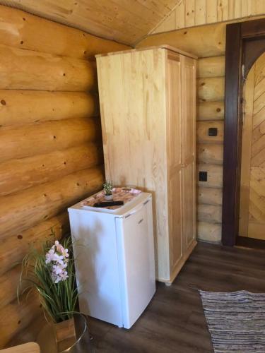 a small refrigerator in a room with a wooden wall at Camp PACHO in Prievidza