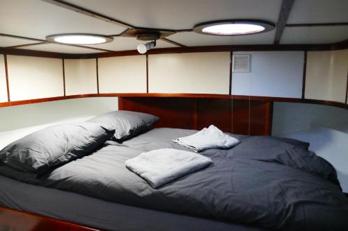 een bed in een kamer met twee kussens erop bij Boathotel Rotterdam Wilhelmina in Rotterdam