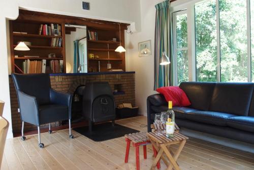 Vakantiehuis de Rommelpot في رينيسي: غرفة معيشة مع أريكة ومدفأة