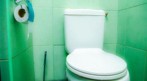 a bathroom with a white toilet and a roll of toilet paper at Sandton City Hotel in Nairobi