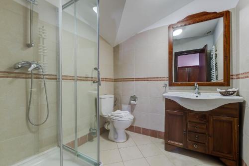 a bathroom with a toilet and a sink and a shower at Club Insieme Grand Resort in Potlogi
