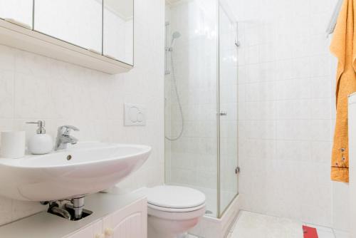 La salle de bains est pourvue d'un lavabo, de toilettes et d'une douche. dans l'établissement Privatapartment Messe Süd, à Hanovre