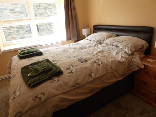 a bedroom with a bed with a blanket and a window at Rhydgaled in Llanon