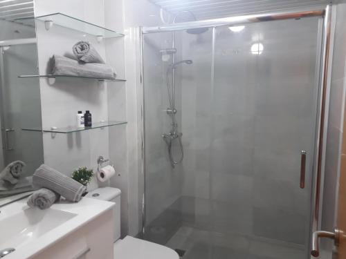 ロケタス・デ・マルにあるHarbour Apartmentのバスルーム(シャワー、トイレ、シンク付)